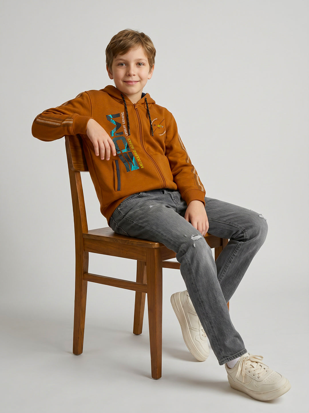 Boys Rust Printed Hooded Full Sleeve Sweatshirt