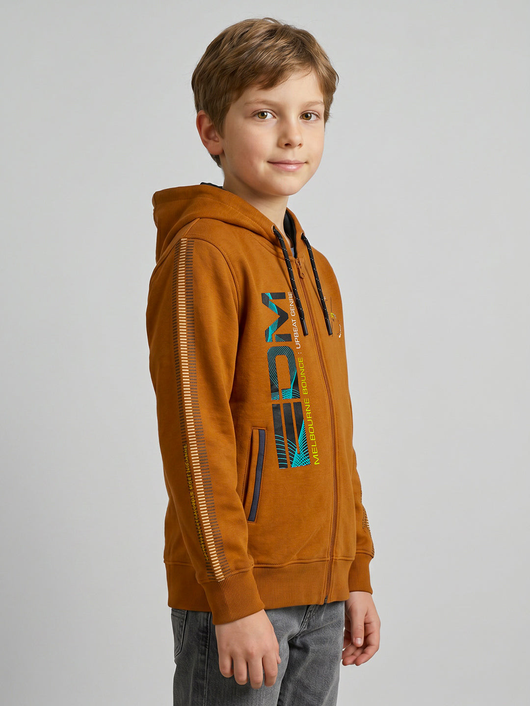 Boys Rust Printed Hooded Full Sleeve Sweatshirt