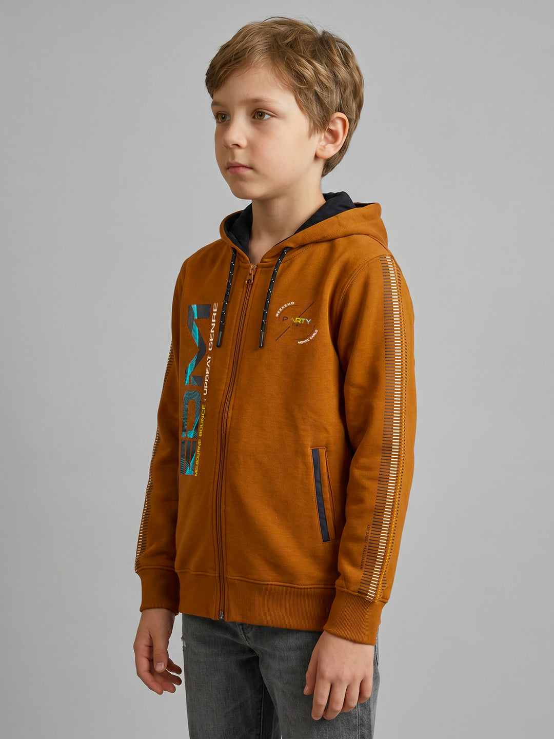 Boys Rust Printed Hooded Full Sleeve Sweatshirt