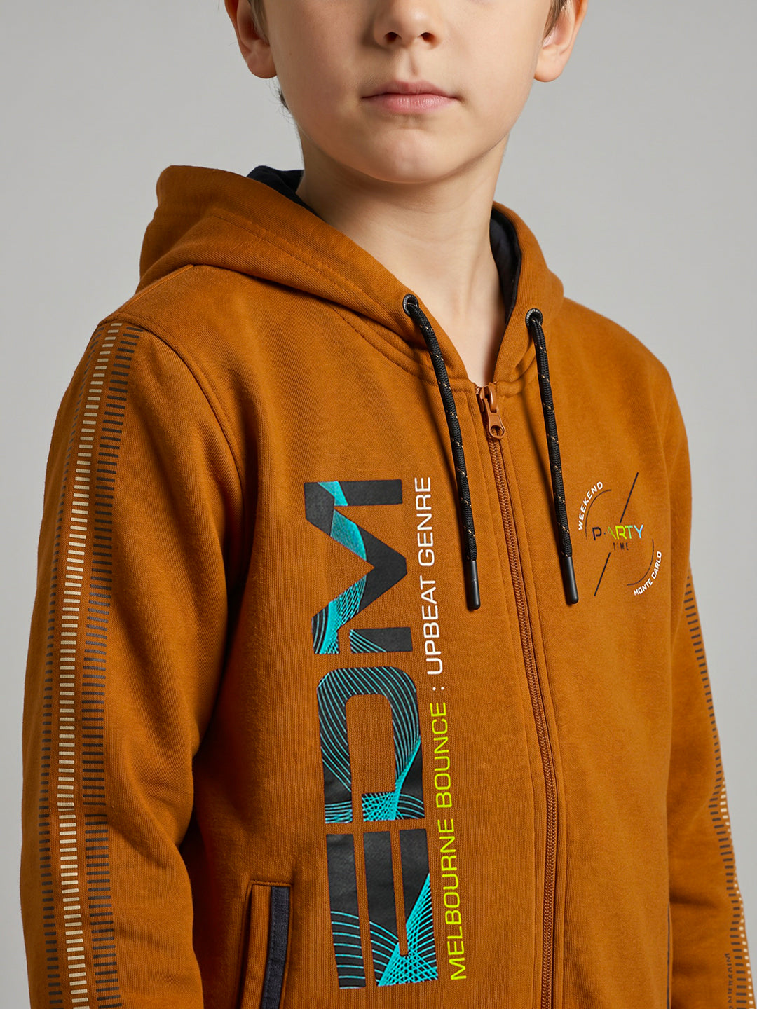 Boys Rust Printed Hooded Full Sleeve Sweatshirt