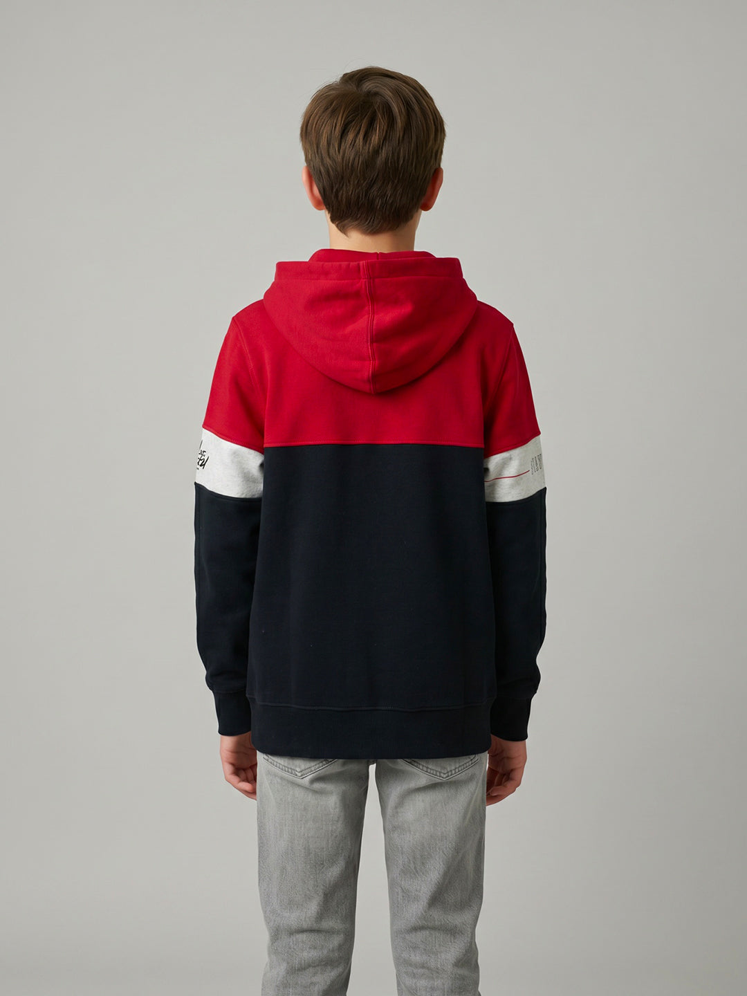 Boys Red & Navy Blue Printed Hooded Full Sleeve Sweatshirt