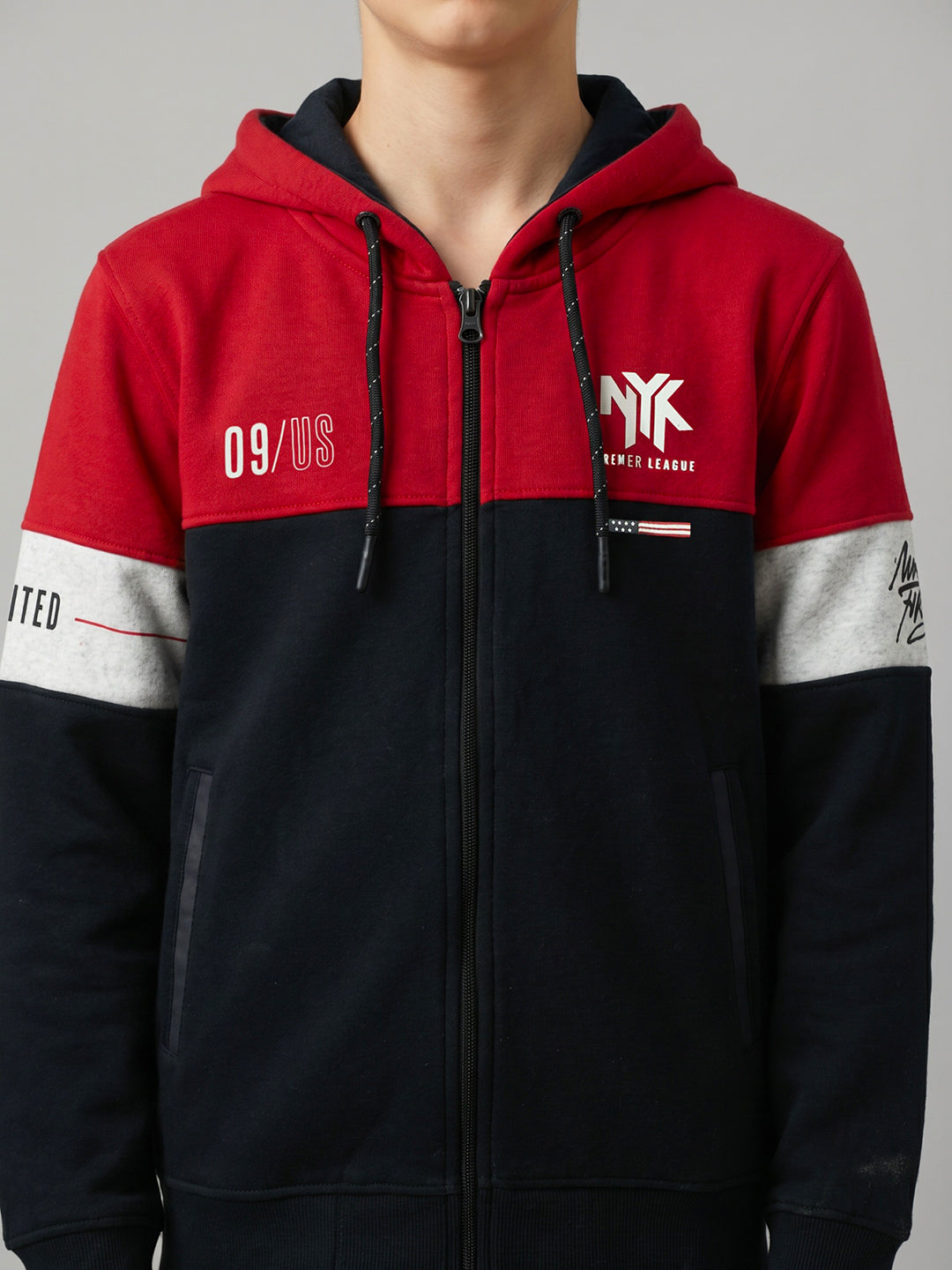 Boys Red & Navy Blue Printed Hooded Full Sleeve Sweatshirt