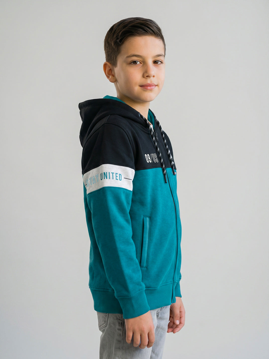 Boys Navy & Teal Printed Hooded Full Sleeve Sweatshirt