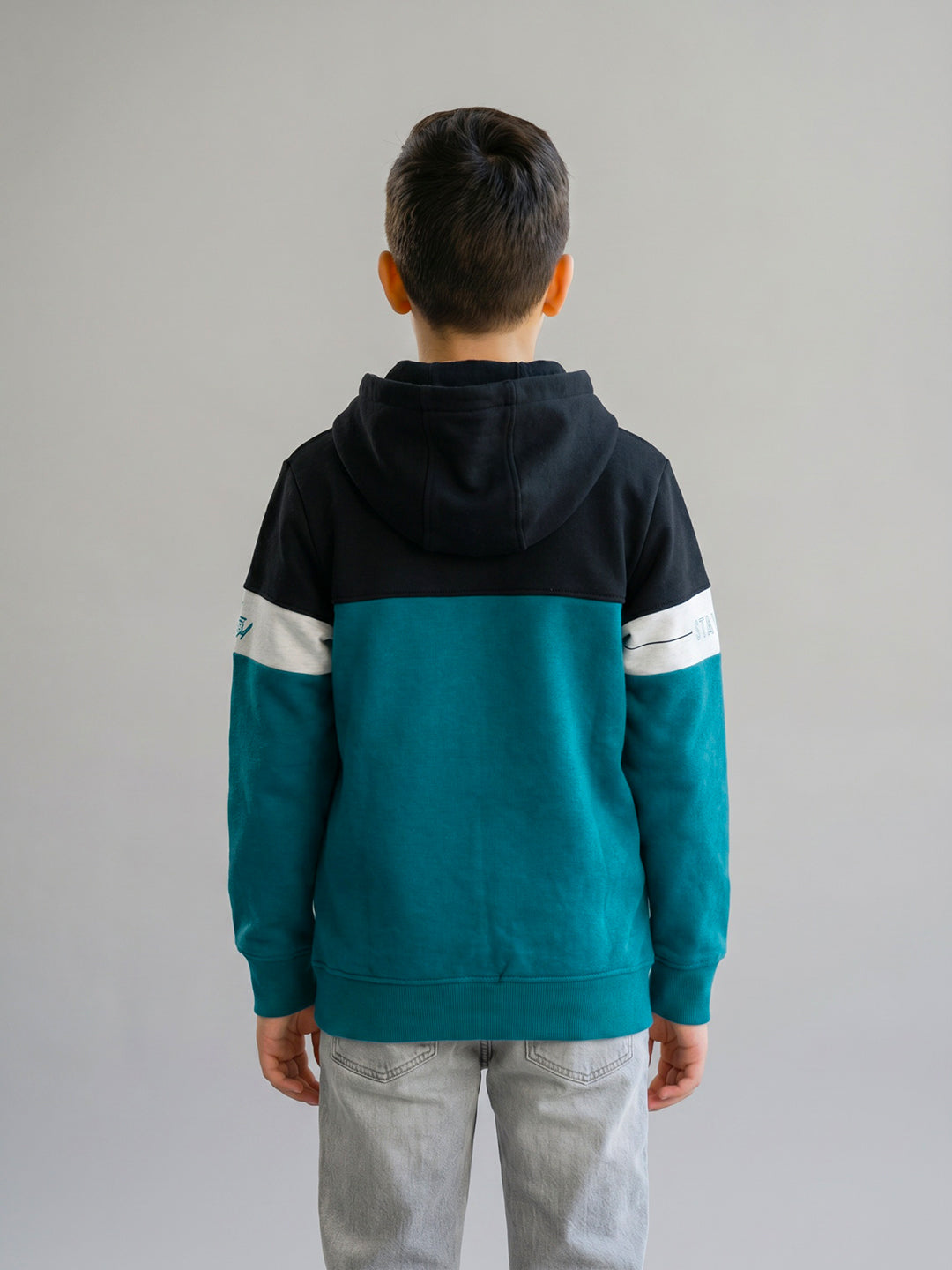 Boys Navy & Teal Printed Hooded Full Sleeve Sweatshirt