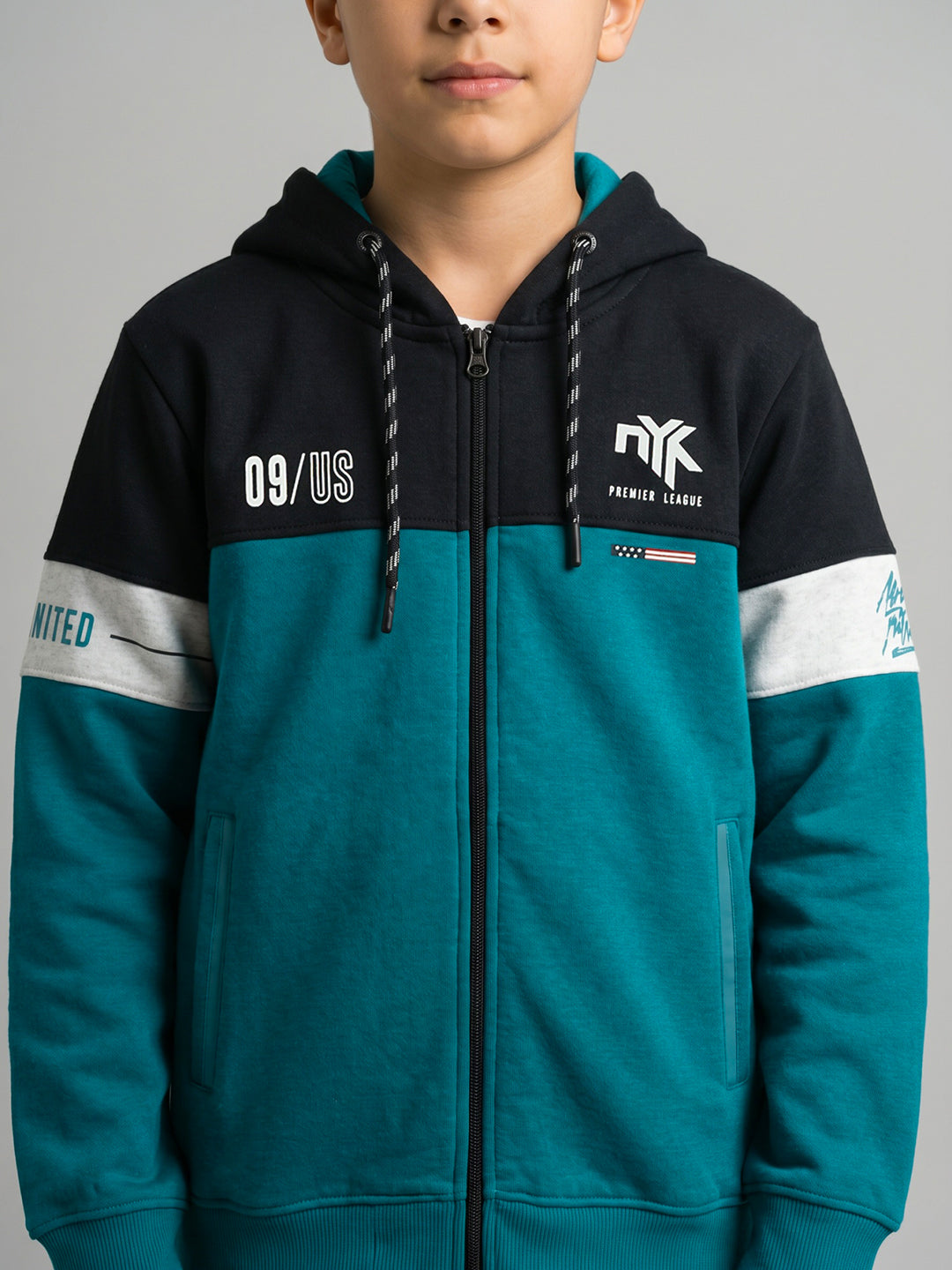 Boys Navy & Teal Printed Hooded Full Sleeve Sweatshirt