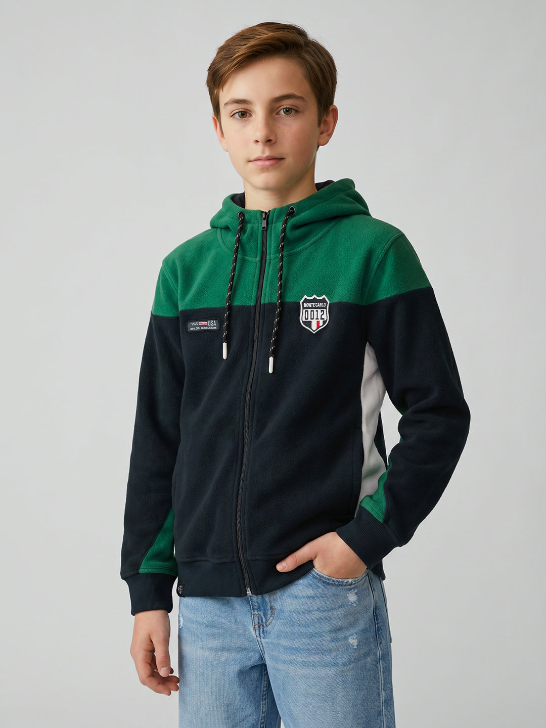 Boys Green & Navy Blue Solid Hooded Full Sleeve Sweatshirt