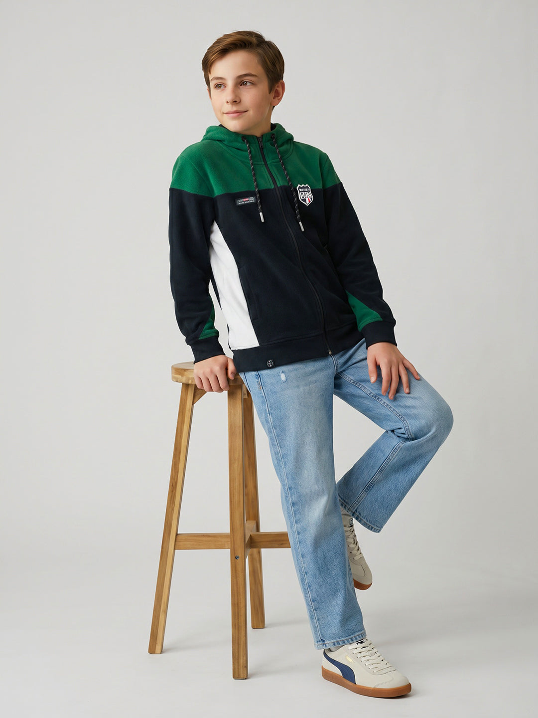 Boys Green & Navy Blue Solid Hooded Full Sleeve Sweatshirt