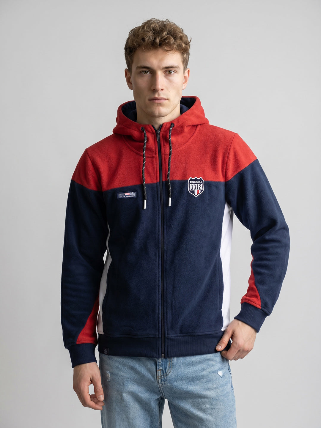 Boys Red & Navy Blue Solid Hooded Full Sleeve Sweatshirt