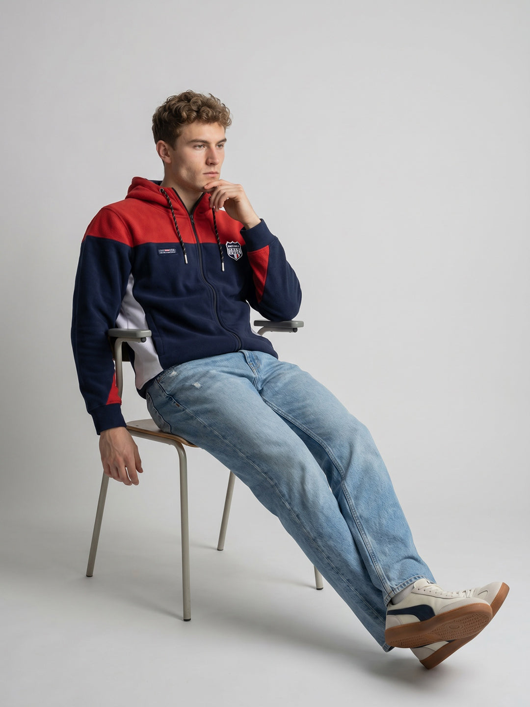 Boys Red & Navy Blue Solid Hooded Full Sleeve Sweatshirt