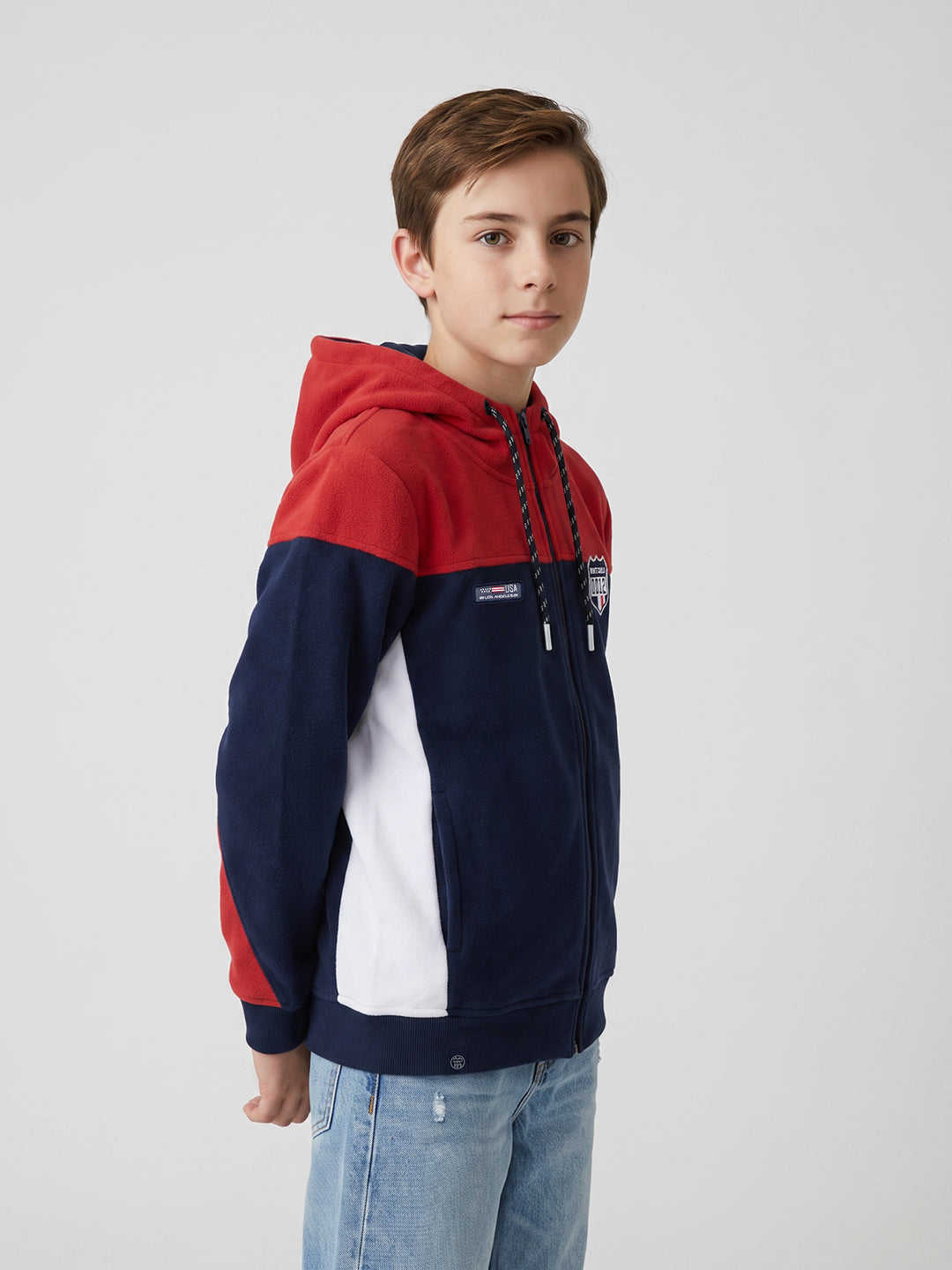 Boys Red & Navy Blue Solid Hooded Full Sleeve Sweatshirt