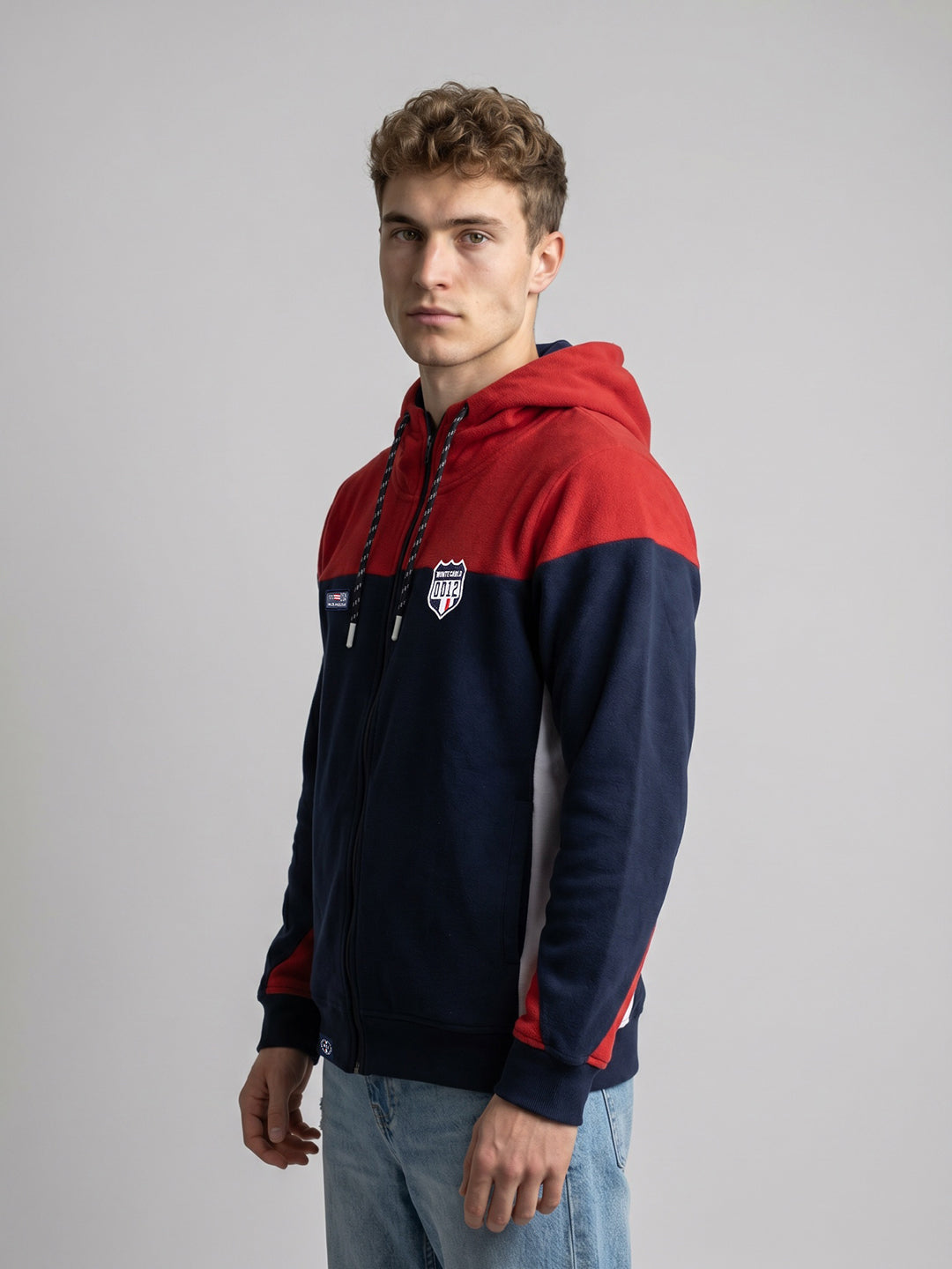 Boys Red & Navy Blue Solid Hooded Full Sleeve Sweatshirt