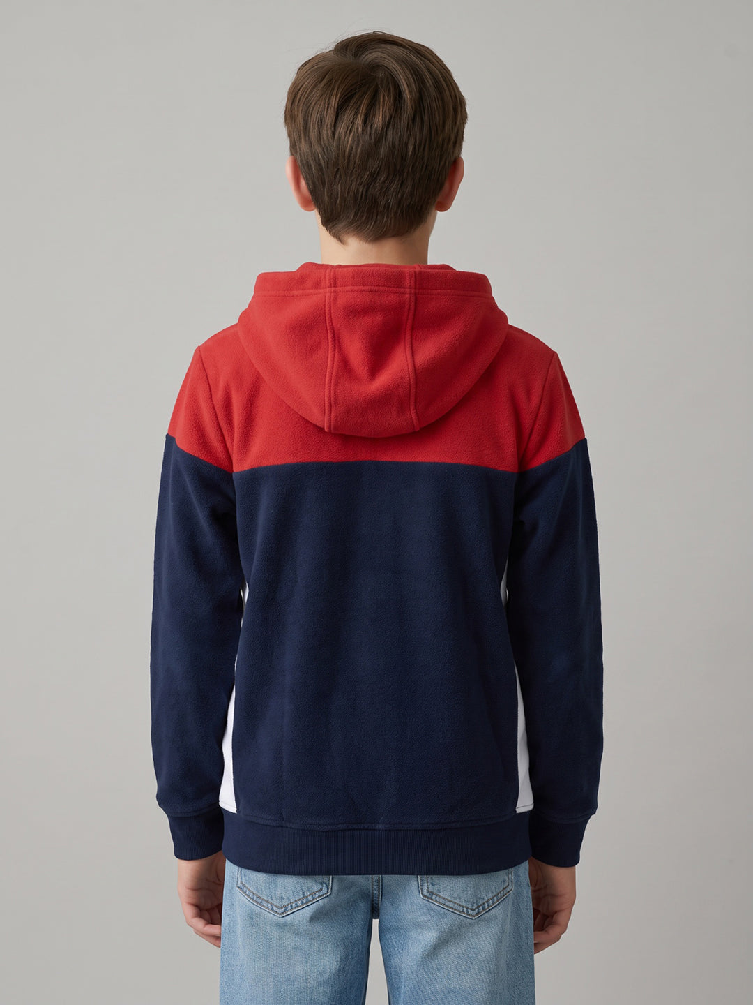 Boys Red & Navy Blue Solid Hooded Full Sleeve Sweatshirt