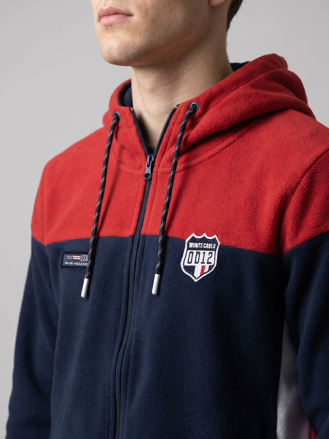 Boys Red & Navy Blue Solid Hooded Full Sleeve Sweatshirt