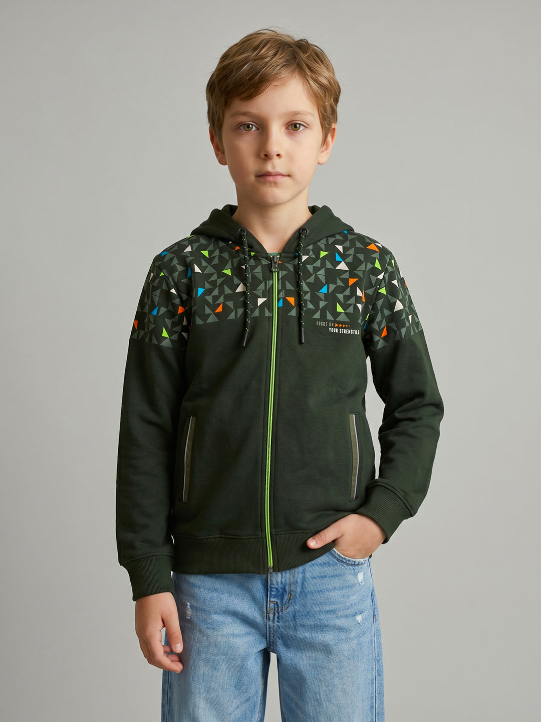 Boys Olive Geometric Hooded Full Sleeve Sweatshirt