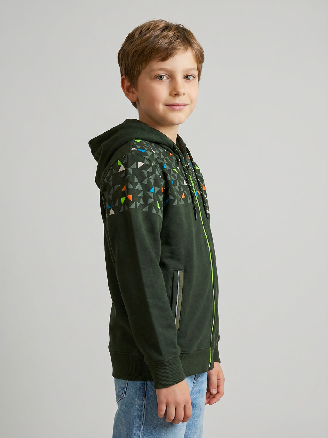 Boys Olive Geometric Hooded Full Sleeve Sweatshirt