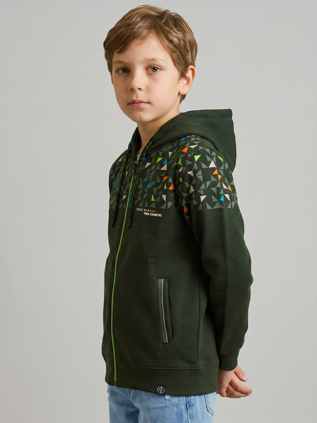 Boys Olive Geometric Hooded Full Sleeve Sweatshirt