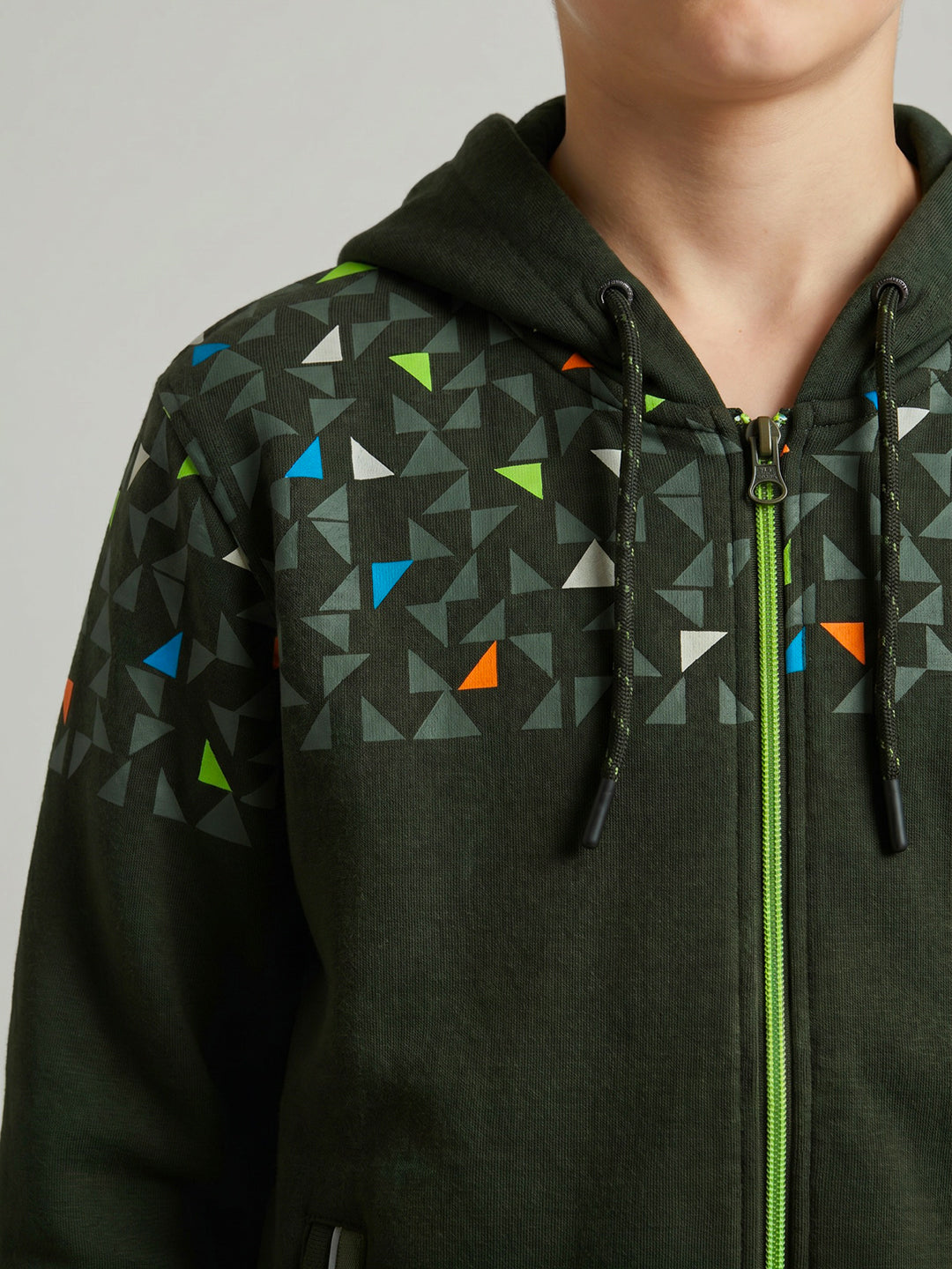 Boys Olive Geometric Hooded Full Sleeve Sweatshirt