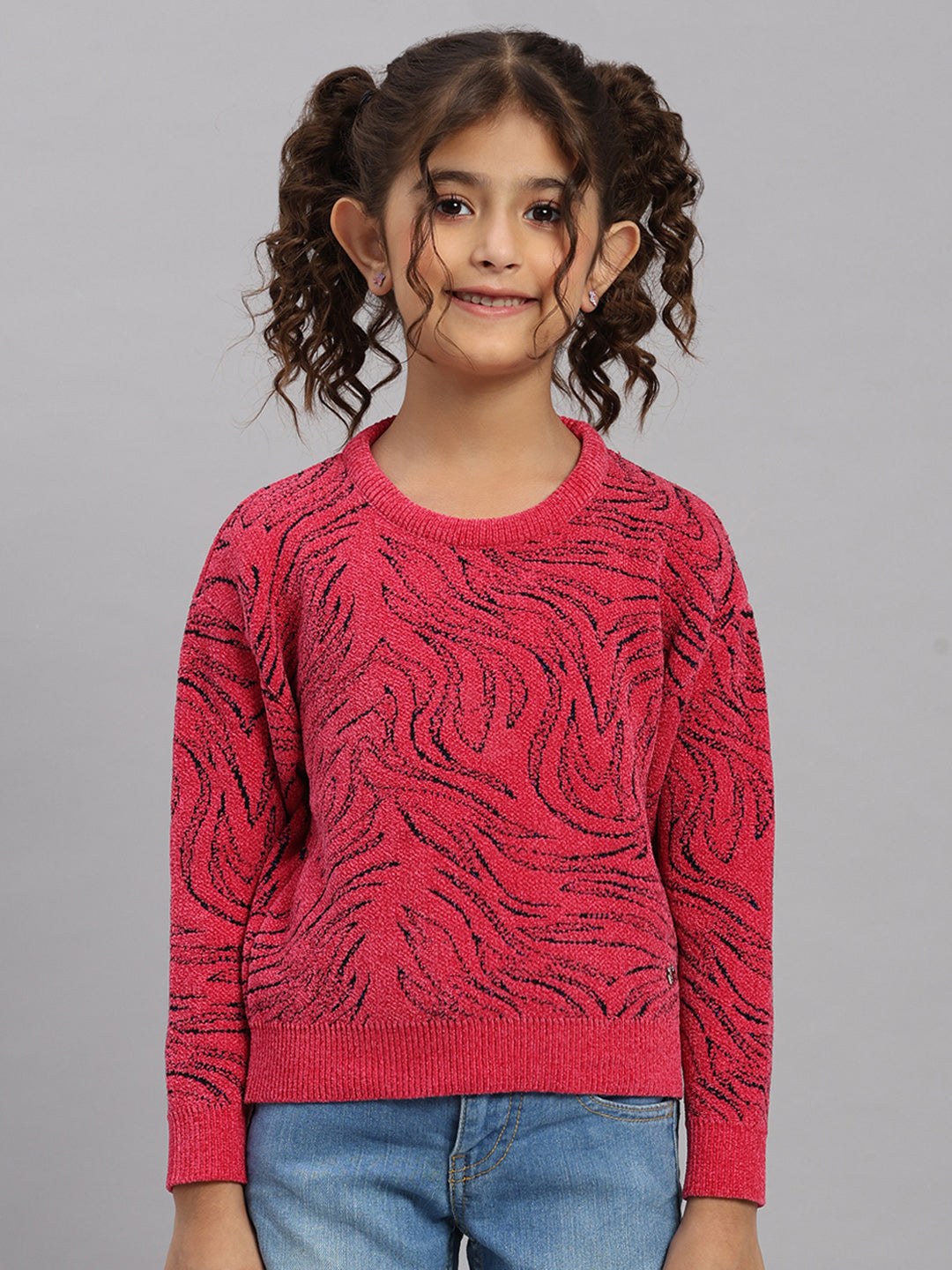 Girls Pink Self Design Round Neck Full Sleeve Pullover
