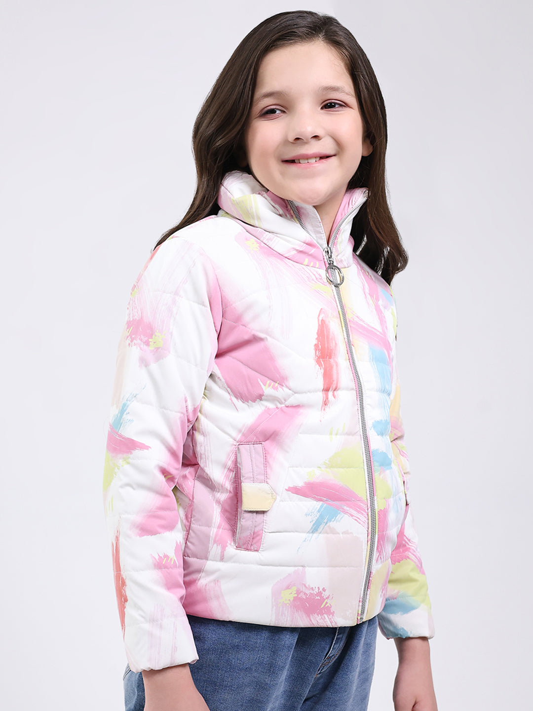 Girls Pink Printed Mock Neck Full Sleeve Jacket