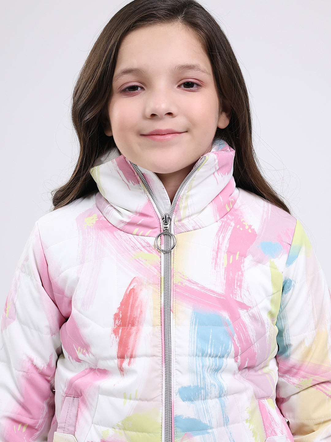 Girls Pink Printed Mock Neck Full Sleeve Jacket