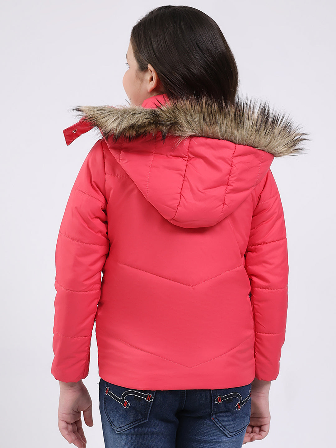 Girls Pink Solid Hooded Full Sleeve Jacket