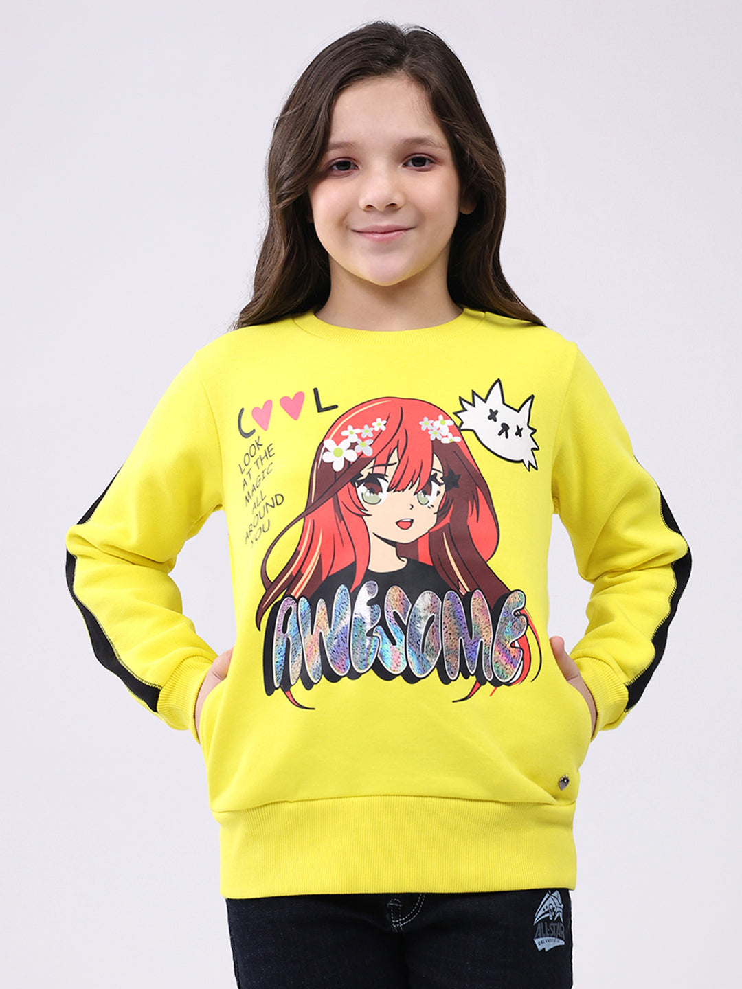Girls Yellow Printed Round Neck Full Sleeve Sweatshirt