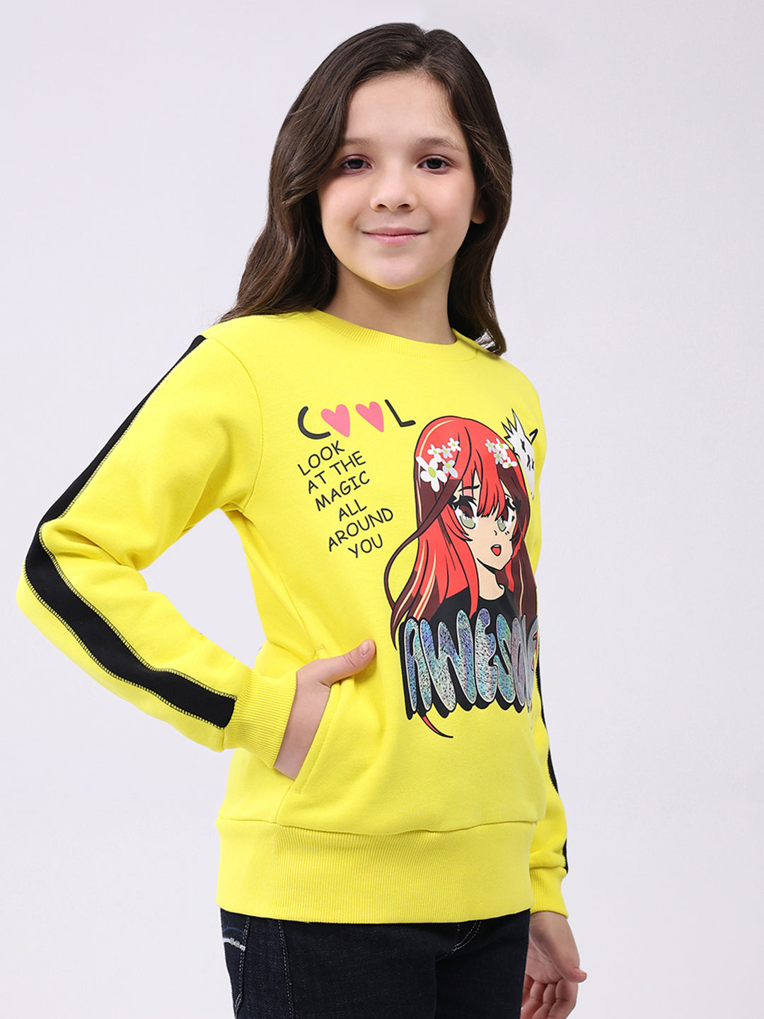 Girls Yellow Printed Round Neck Full Sleeve Sweatshirt