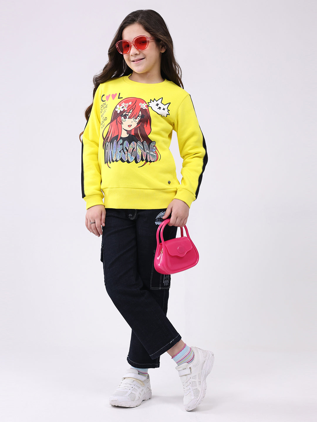 Girls Yellow Printed Round Neck Full Sleeve Sweatshirt