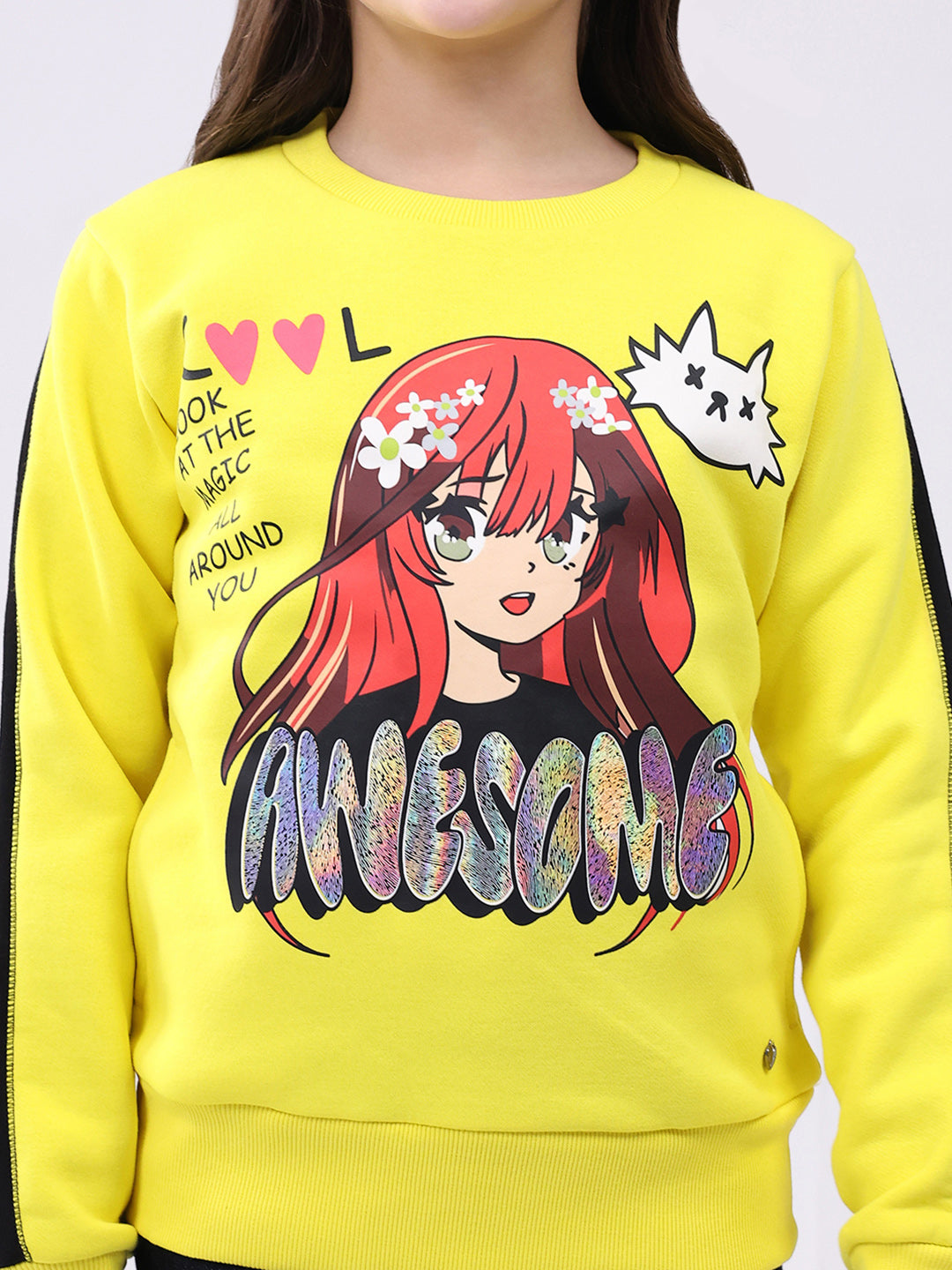 Girls Yellow Printed Round Neck Full Sleeve Sweatshirt