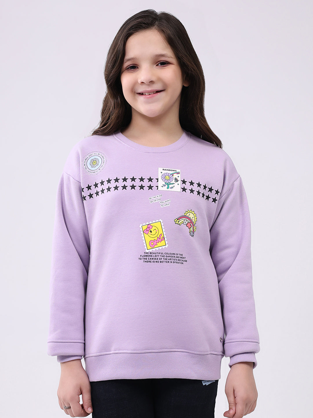 Girls Purple Printed Round Neck Full Sleeve Sweatshirt