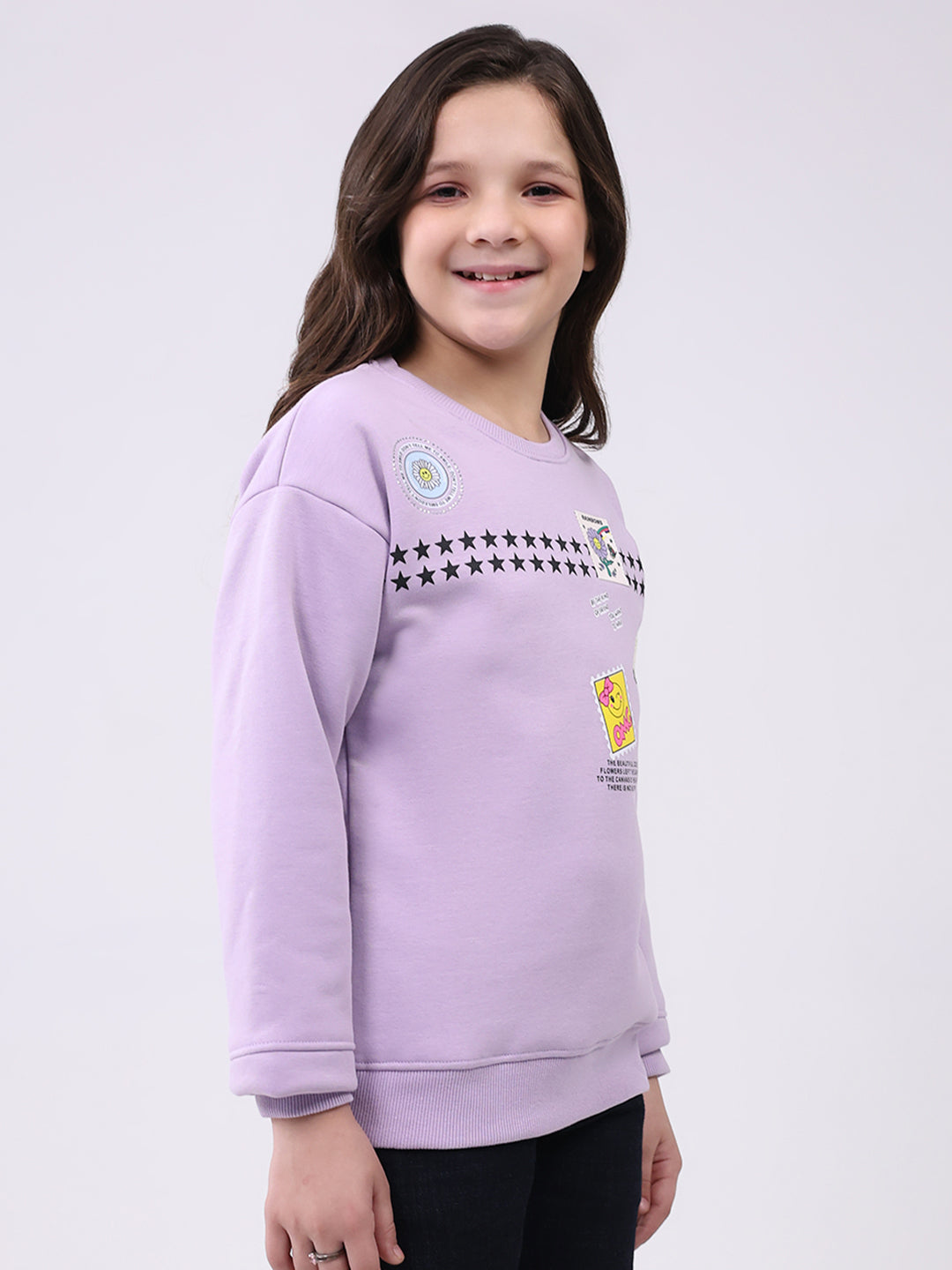 Girls Purple Printed Round Neck Full Sleeve Sweatshirt