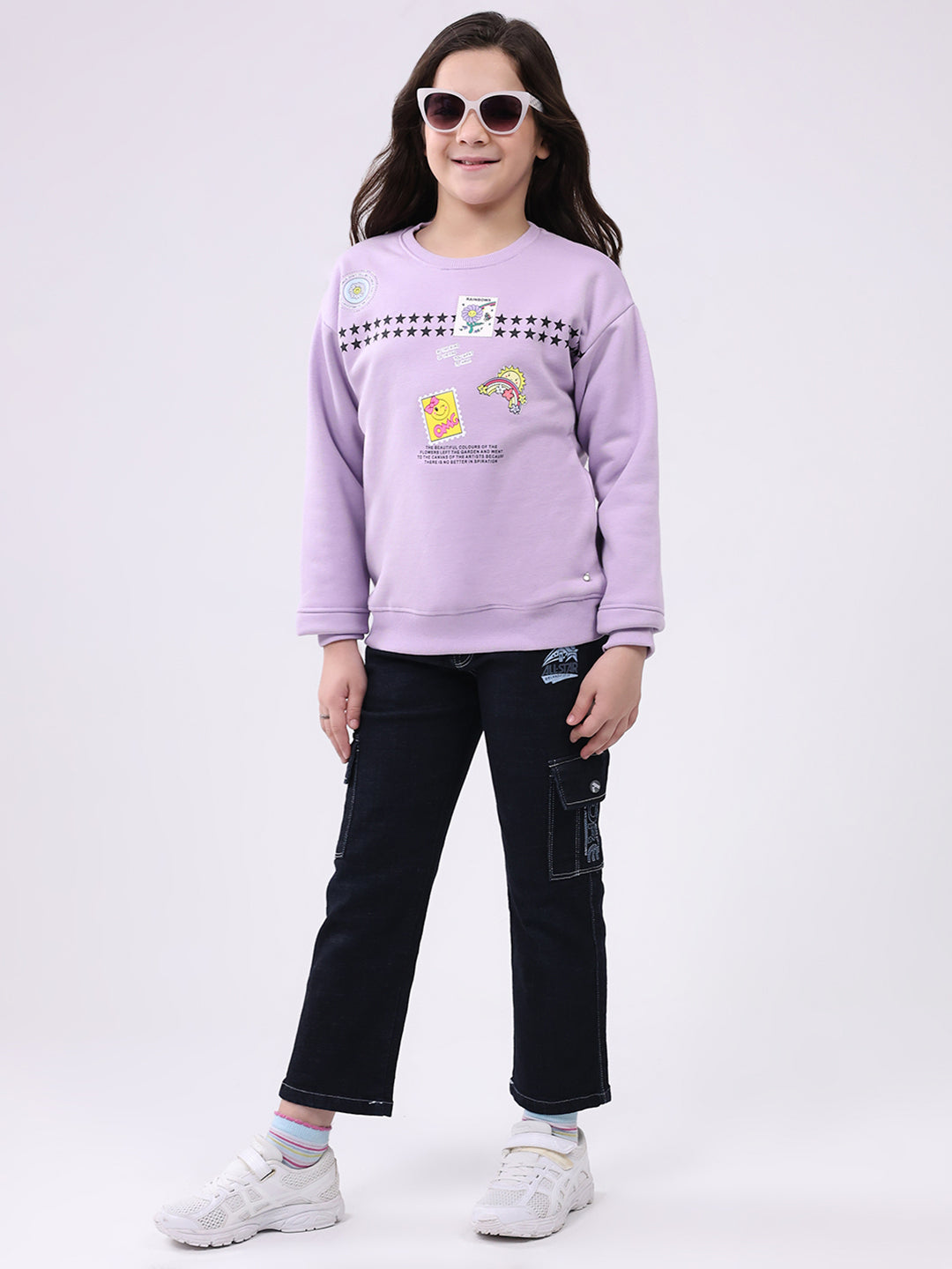 Girls Purple Printed Round Neck Full Sleeve Sweatshirt