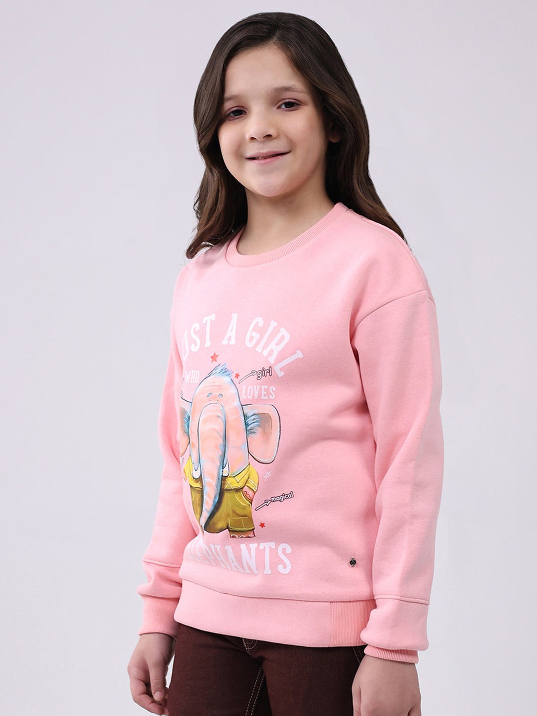 Girls Pink Printed Round Neck Full Sleeve Sweatshirt