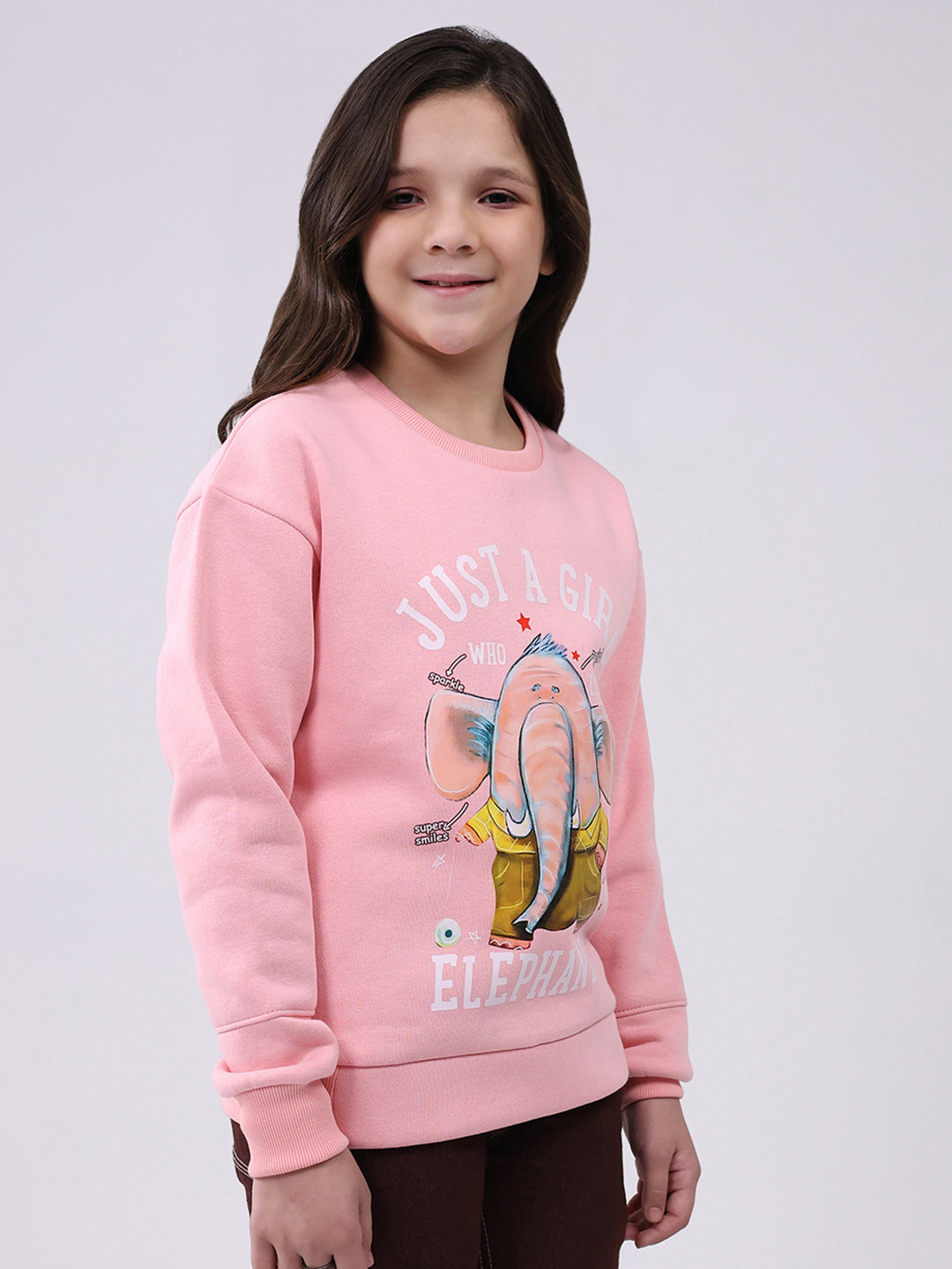 Girls Pink Printed Round Neck Full Sleeve Sweatshirt
