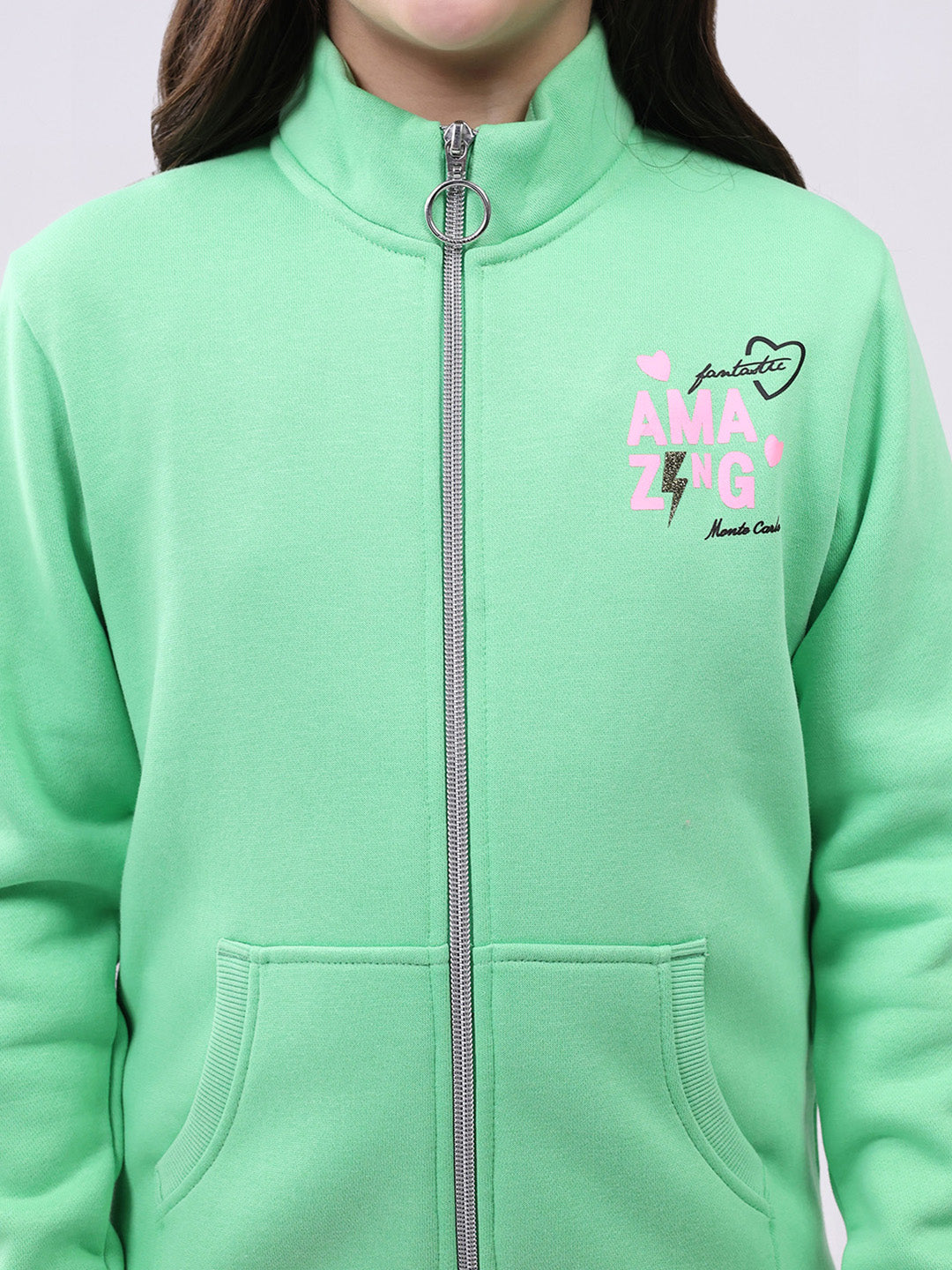 Girls Green Printed Mock Neck Full Sleeve Sweatshirt