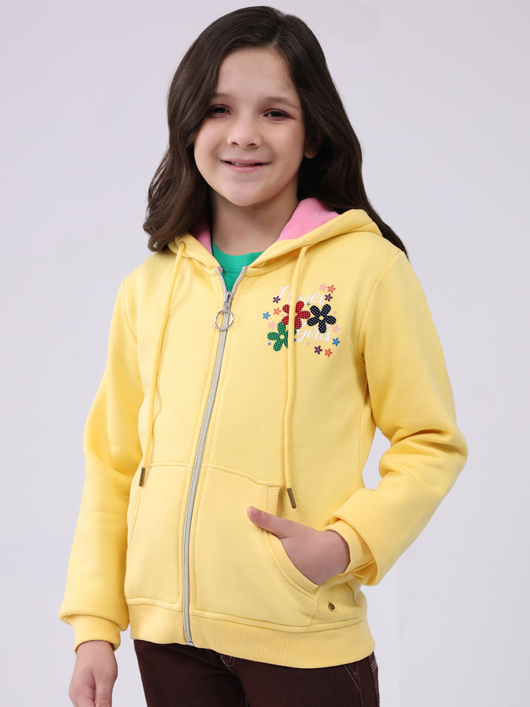 Girls Yellow Printed Hooded Full Sleeve Sweatshirt