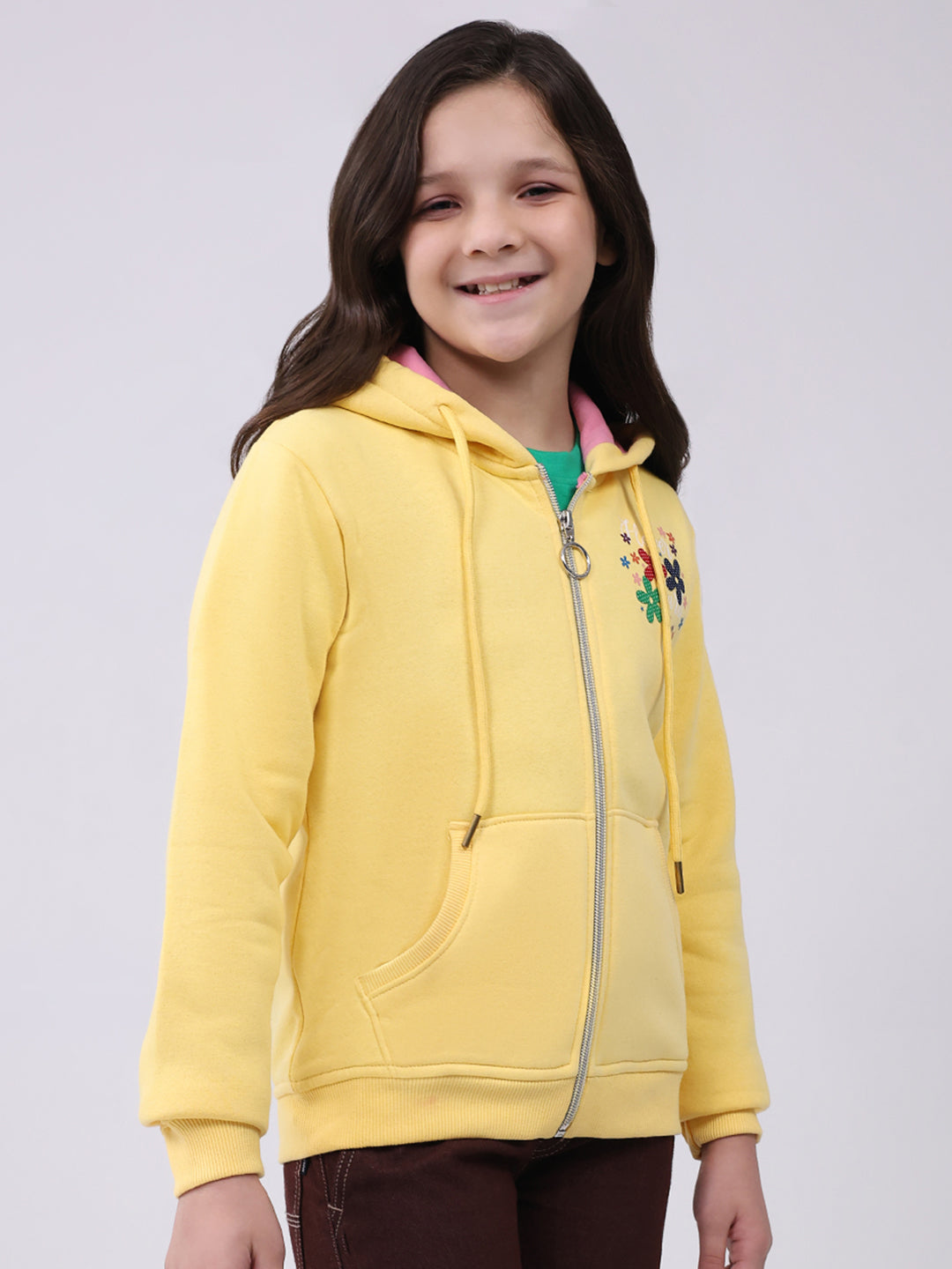Girls Yellow Printed Hooded Full Sleeve Sweatshirt