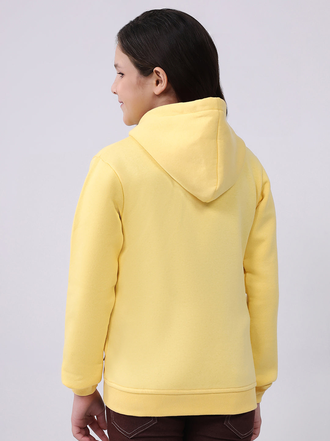 Girls Yellow Printed Hooded Full Sleeve Sweatshirt
