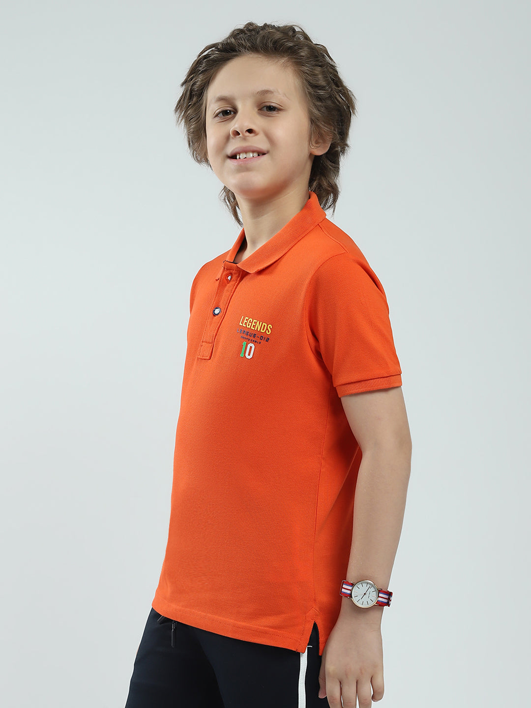 Boys Orange Solid Collar Half Sleeve T-Shirt