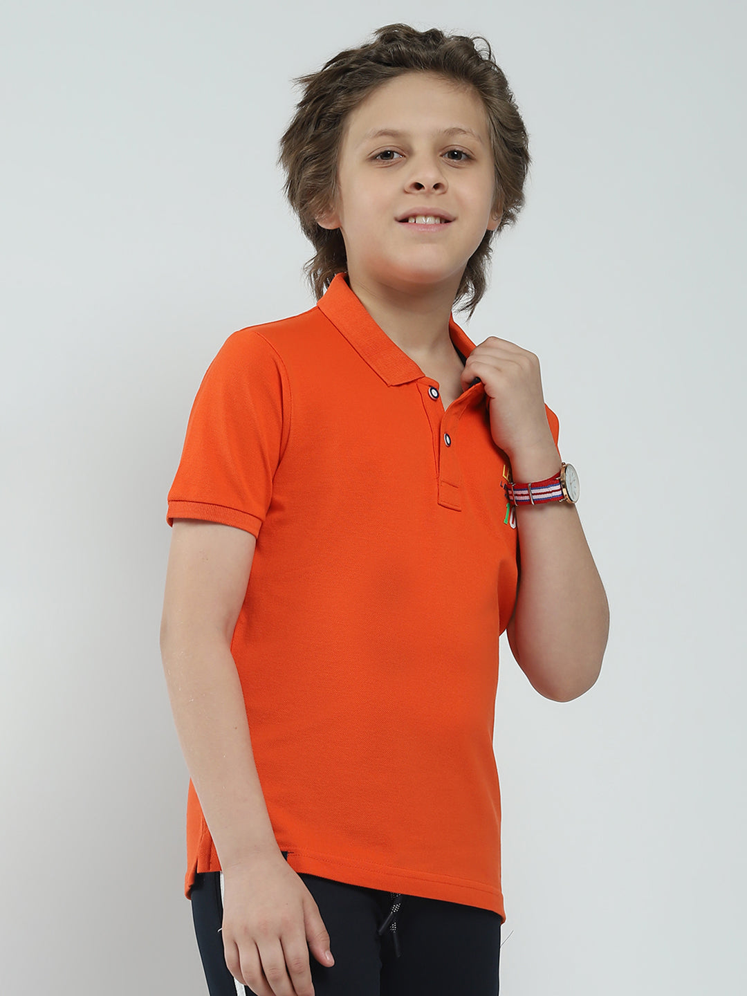 Boys Orange Solid Collar Half Sleeve T-Shirt