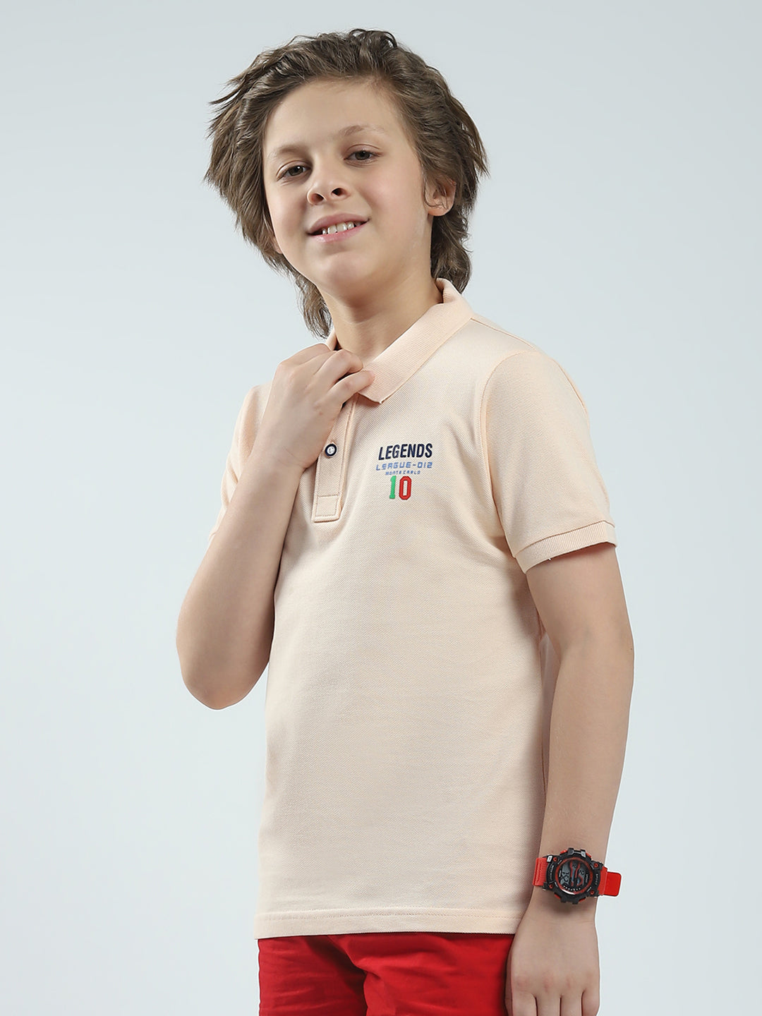 Boys Peach Solid Collar Half Sleeve T-Shirt