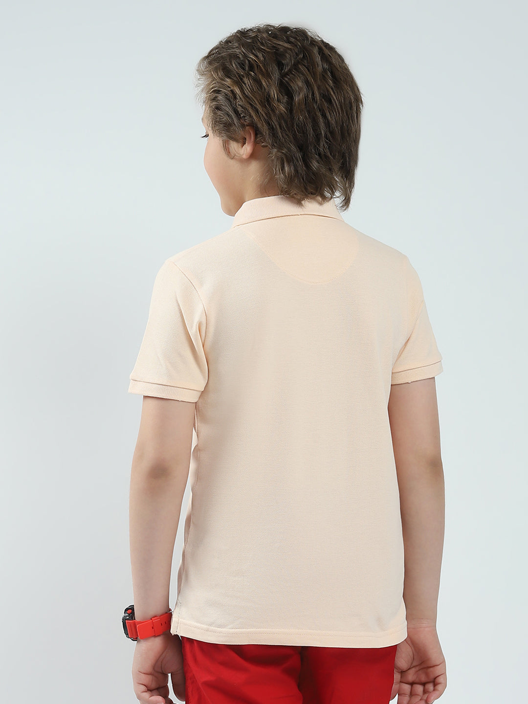 Boys Peach Solid Collar Half Sleeve T-Shirt