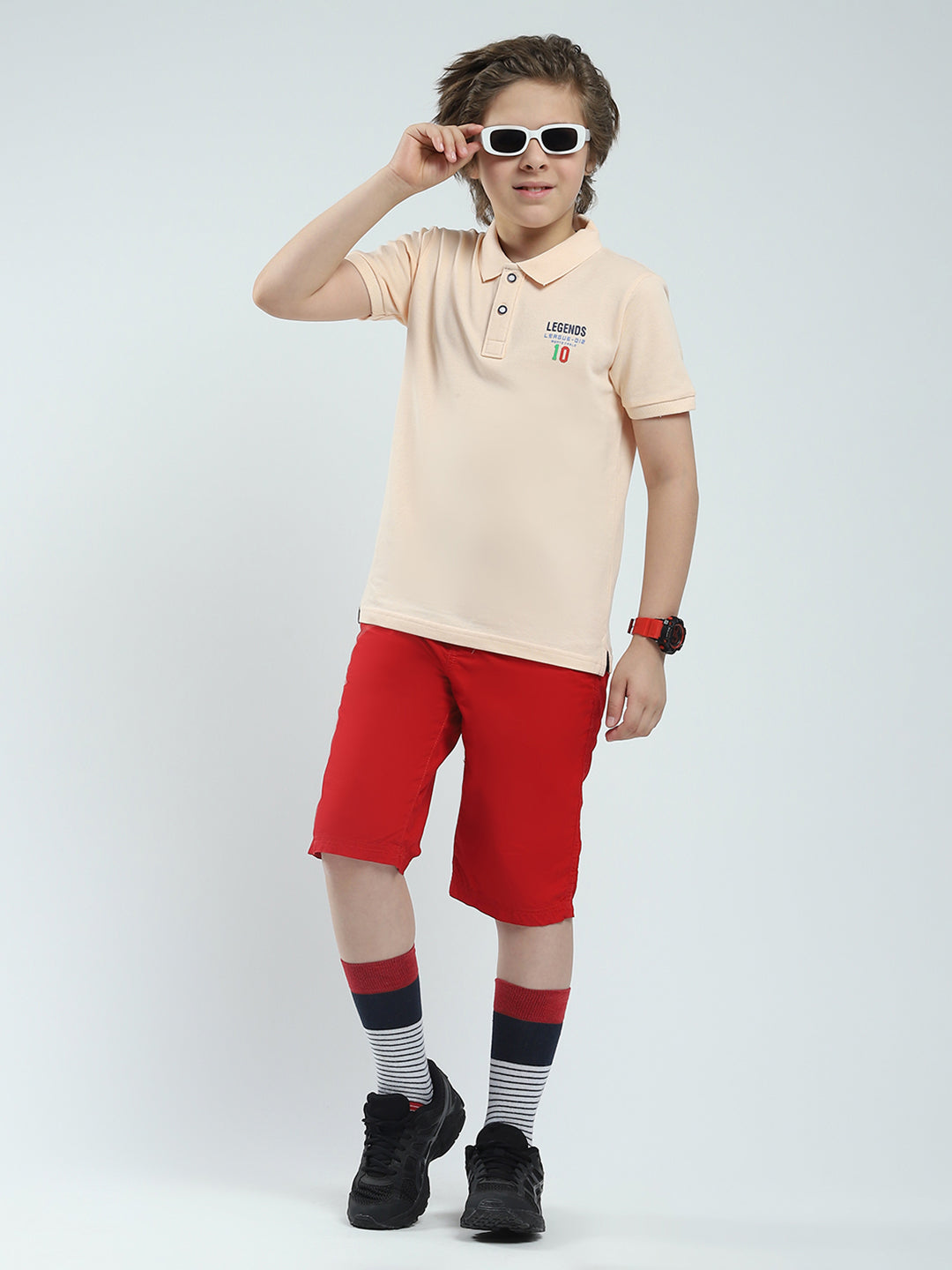 Boys Peach Solid Collar Half Sleeve T-Shirt