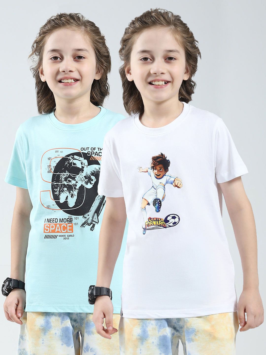 Boys White & Blue Printed Round Neck Half Sleeve T-Shirt (Pack of 2)