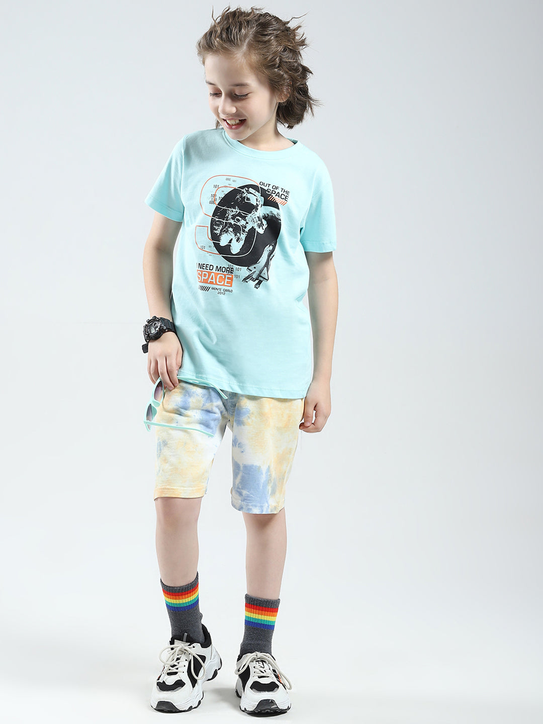 Boys White & Blue Printed Round Neck Half Sleeve T-Shirt (Pack of 2)