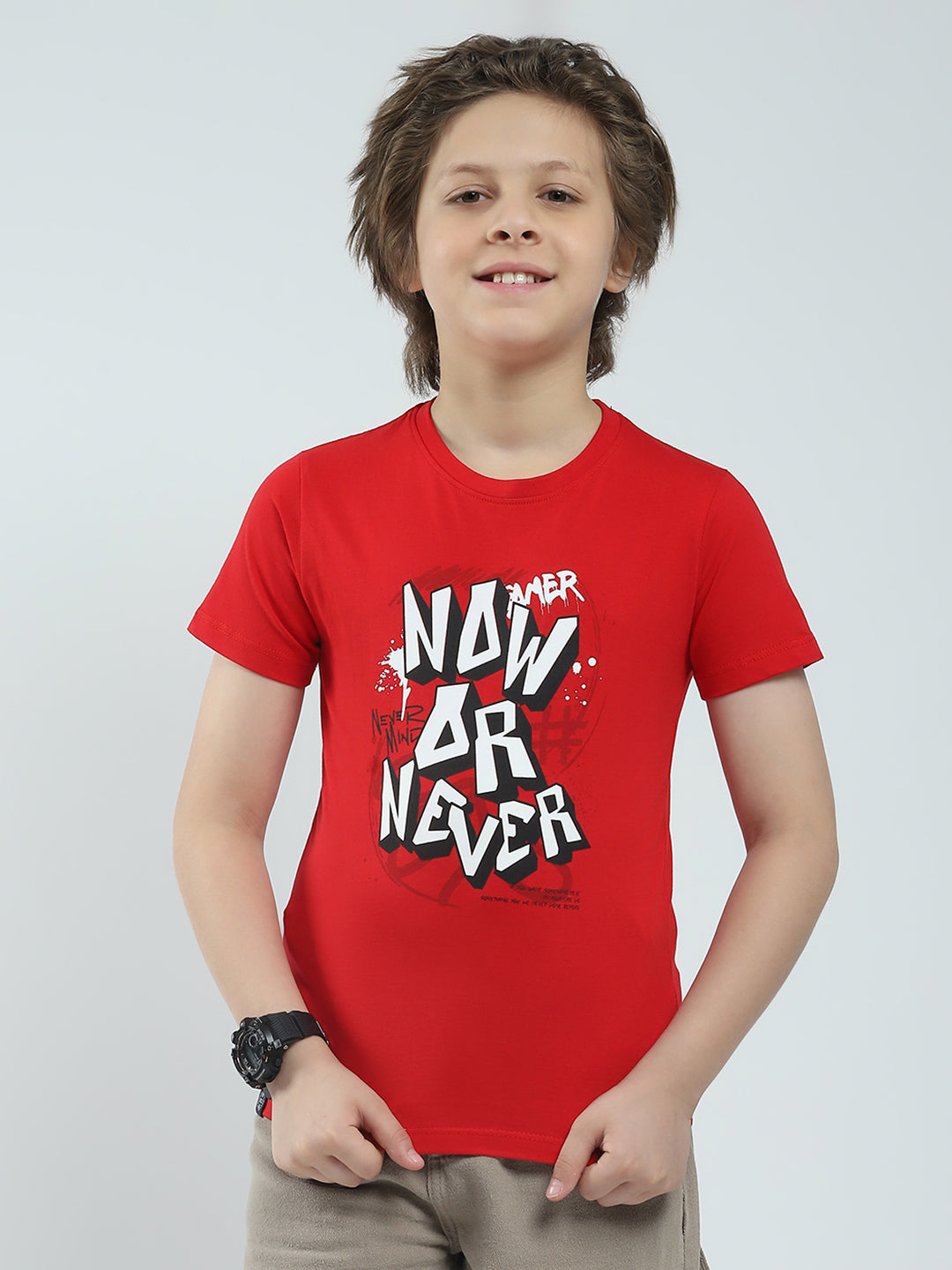 Boys Red & Off White Printed Round Neck Half Sleeve T-Shirt (Pack of 2)