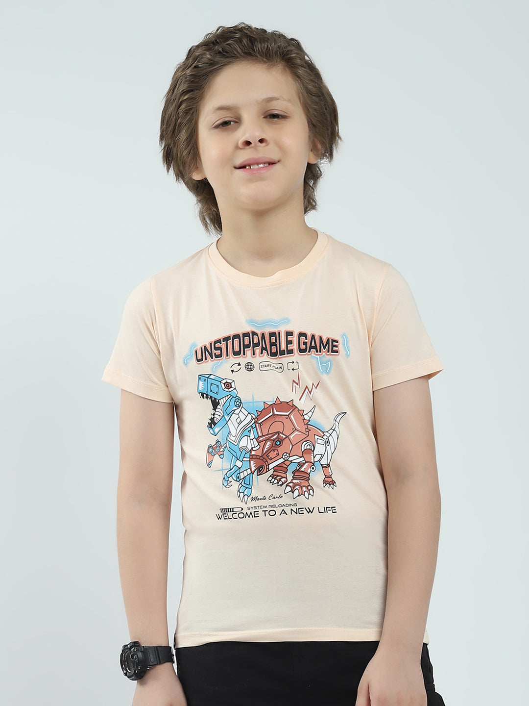 Boys Green & Peach Printed Round Neck Half Sleeve T-Shirt (Pack of 2)