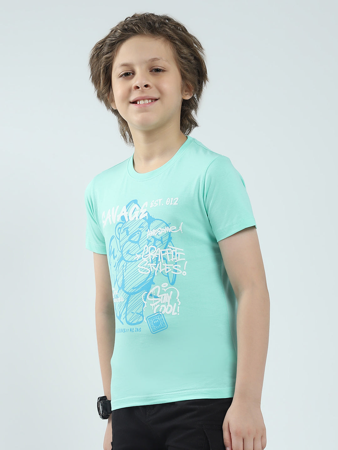 Boys Green & Peach Printed Round Neck Half Sleeve T-Shirt (Pack of 2)