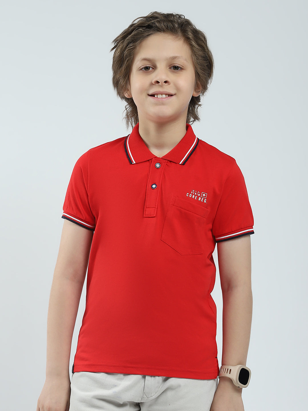 Boys Red Solid Collar Half Sleeve T-Shirt