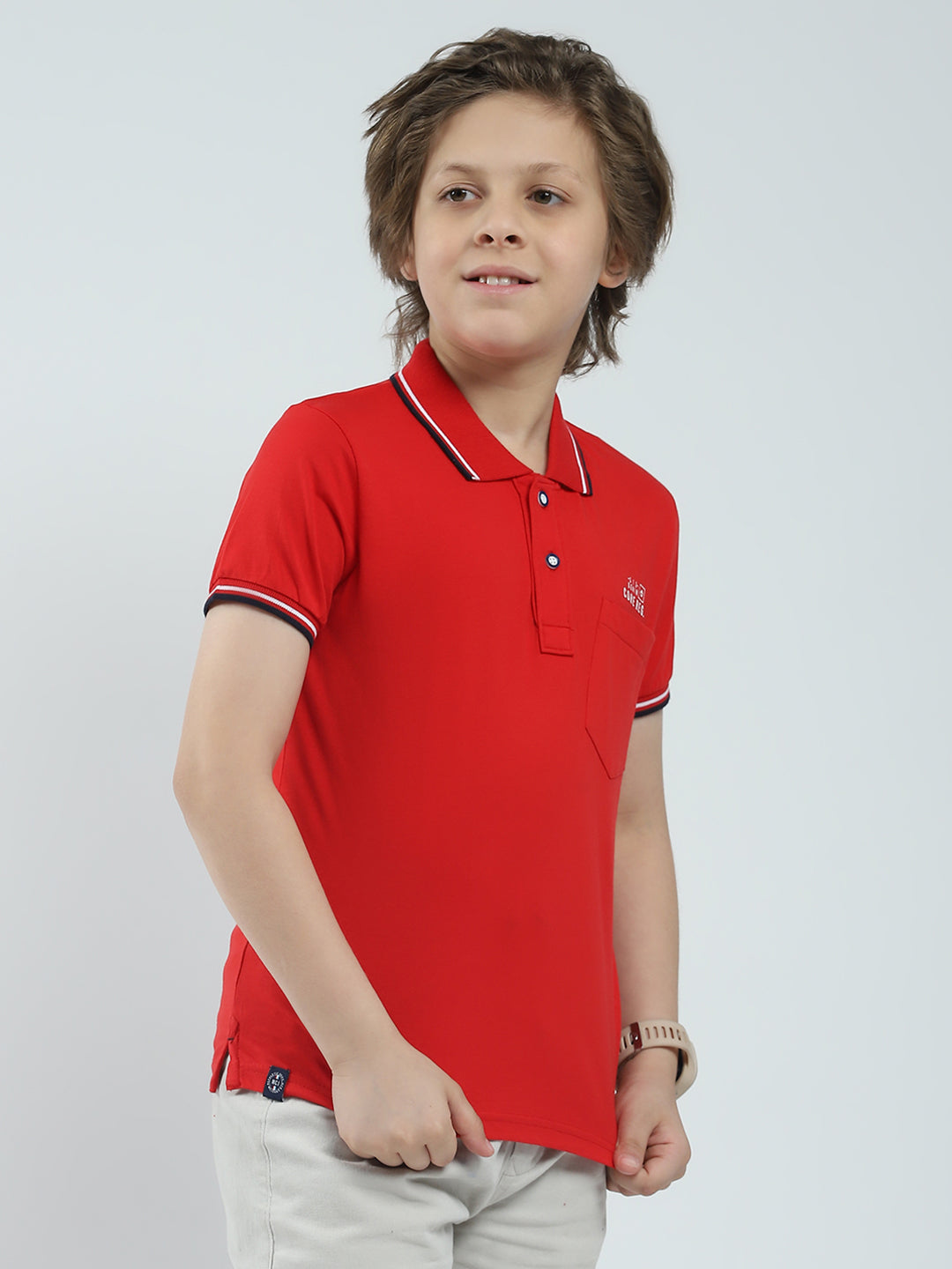 Boys Red Solid Collar Half Sleeve T-Shirt